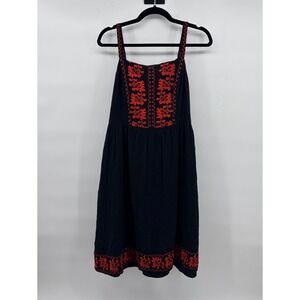 ModCloth Black Red Floral Embroidered Gauze Tie Back Midi Dress Medium